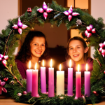A beautifully decorated "Adventi koszorú" (Advent wreath) with lit purple and pink candles, surrounded by a family singing carols in a cozy Hungarian home. Focus on the warm lighting and the expressions of joy and togetherness.