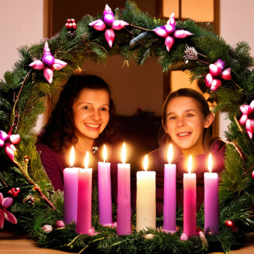 A beautifully decorated "Adventi koszorú" (Advent wreath) with lit purple and pink candles, surrounded by a family singing carols in a cozy Hungarian home. Focus on the warm lighting and the expressions of joy and togetherness.