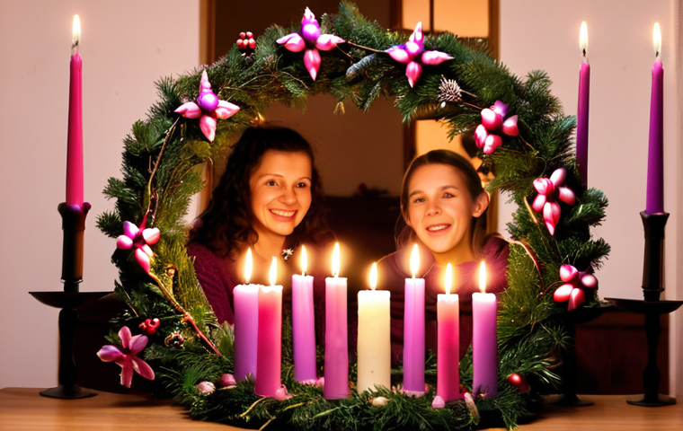 A beautifully decorated "Adventi koszorú" (Advent wreath) with lit purple and pink candles, surrounded by a family singing carols in a cozy Hungarian home. Focus on the warm lighting and the expressions of joy and togetherness.