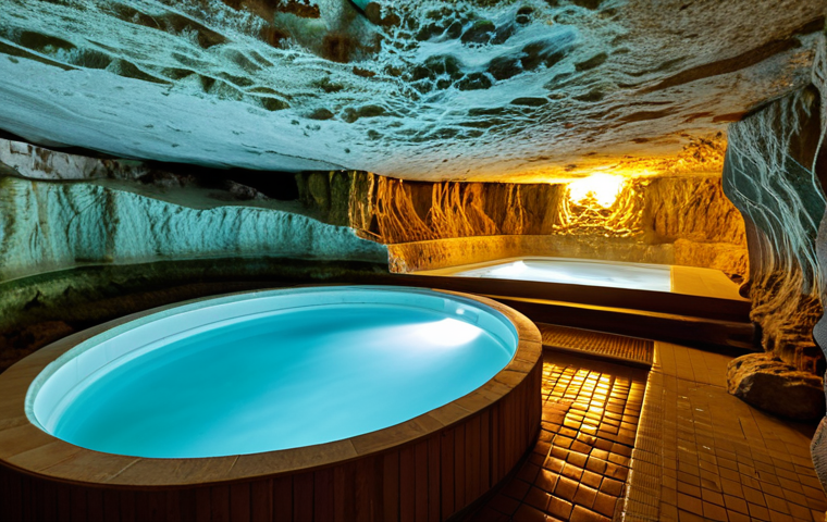 Cave Thermal Bath Interior**
"A photograph of the Miskolc Cave Bath interior, showcasing the natural limestone cave formations and warm, mineral-rich water. Fully clothed visitors are enjoying the therapeutic waters in a family-friendly environment. The lighting is soft and inviting, highlighting the unique geological features. Safe for work, appropriate content, perfect anatomy, natural proportions, high quality photography, professional."
**
