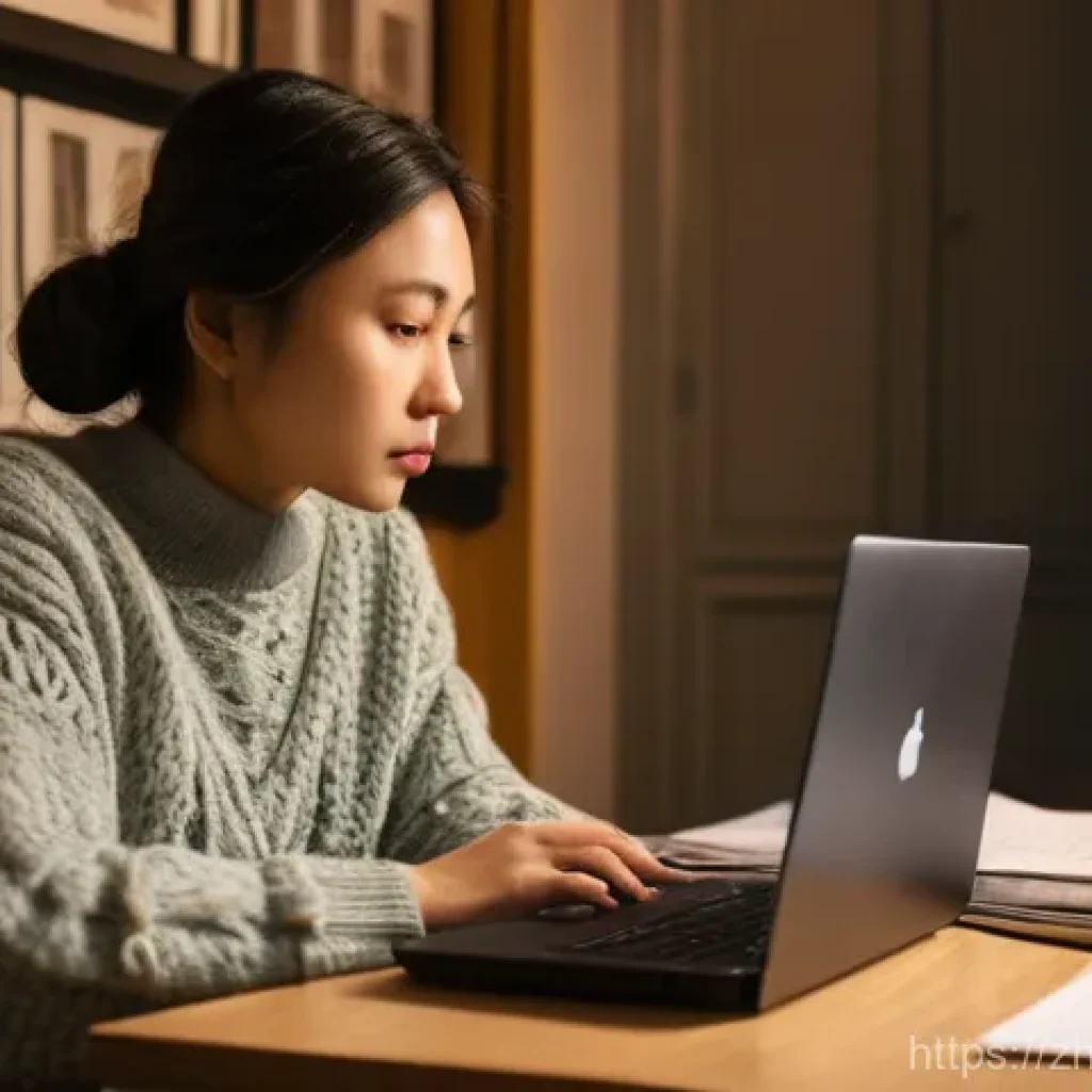 헝가리 건강보험 및 의료 - A medium shot of an East Asian female expat, around 25-30 years old, sitting at a desk in a cozy, sl...