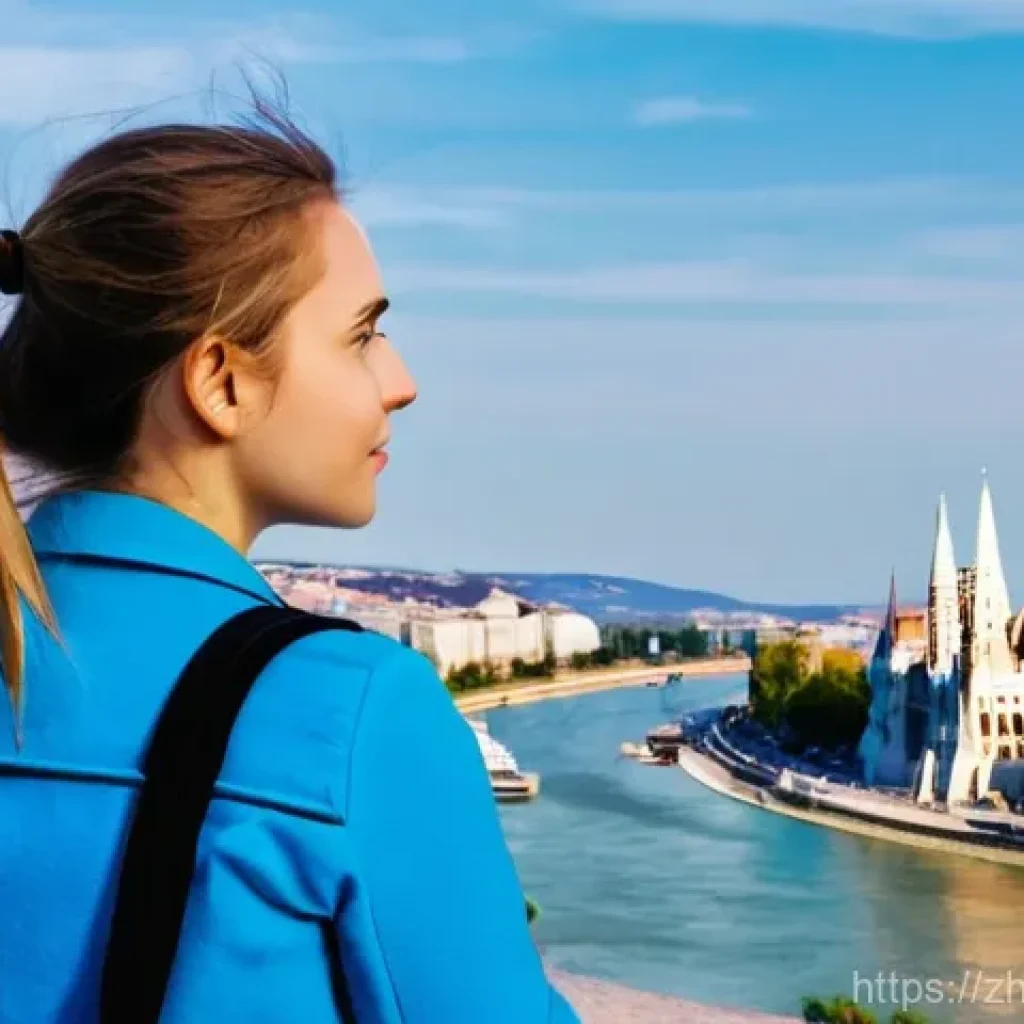 헝가리 치안 정보 - **Prompt: Cautious Tourist at a Budapest Landmark**
A young adult female tourist, in her late 20...